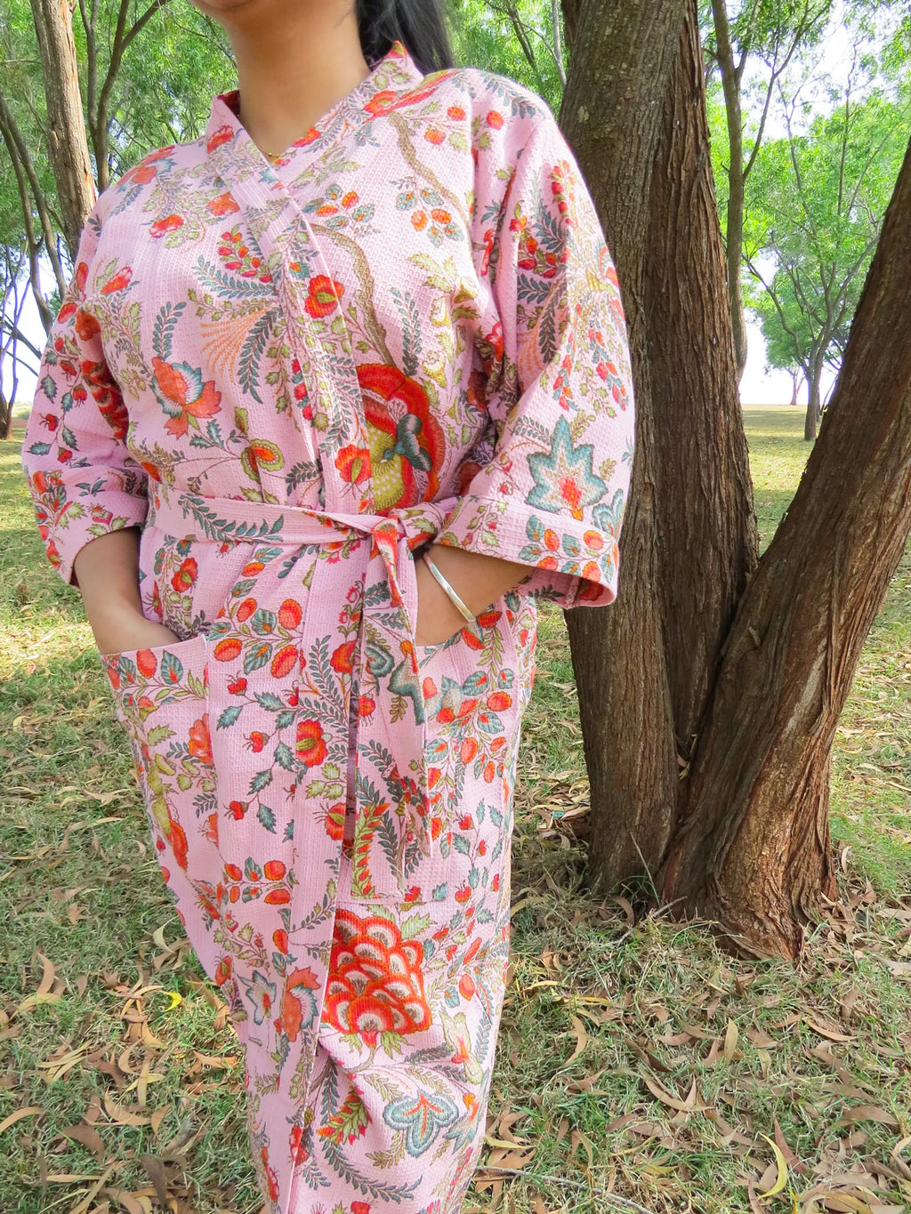 Pink Rose Garden Handblock Printed Waffle Cotton Bathrobe image 2