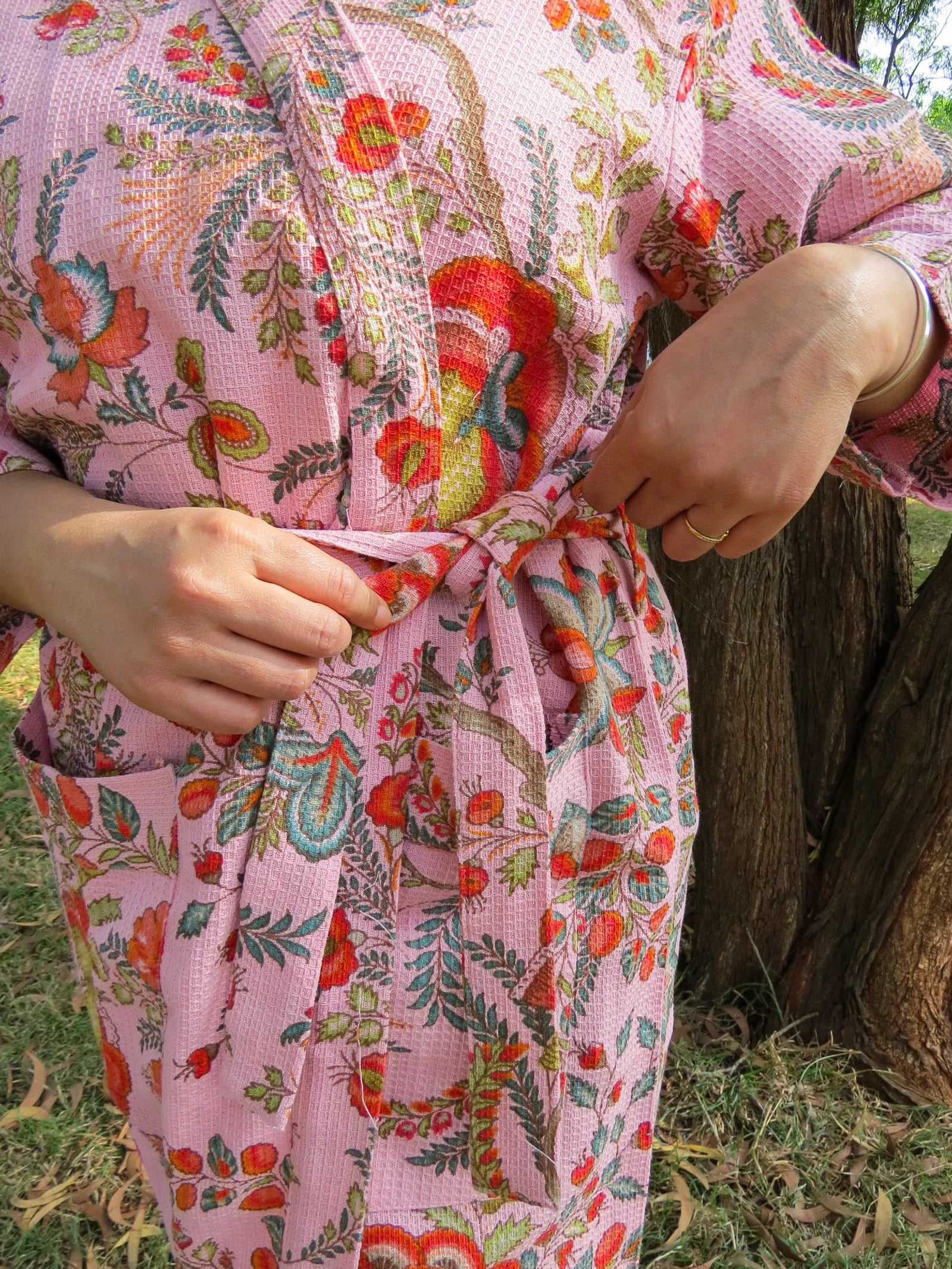 Pink Rose Garden Handblock Printed Waffle Cotton Bathrobe image 3