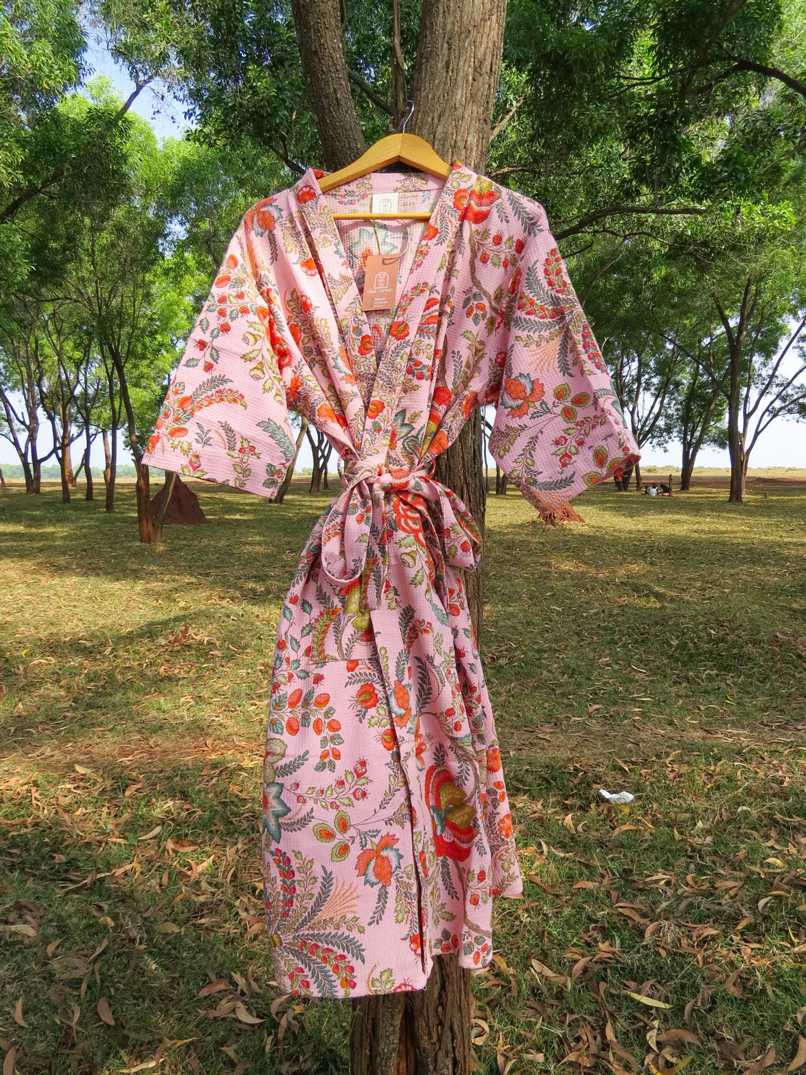 Pink Rose Garden Handblock Printed Waffle Cotton Bathrobe image 5