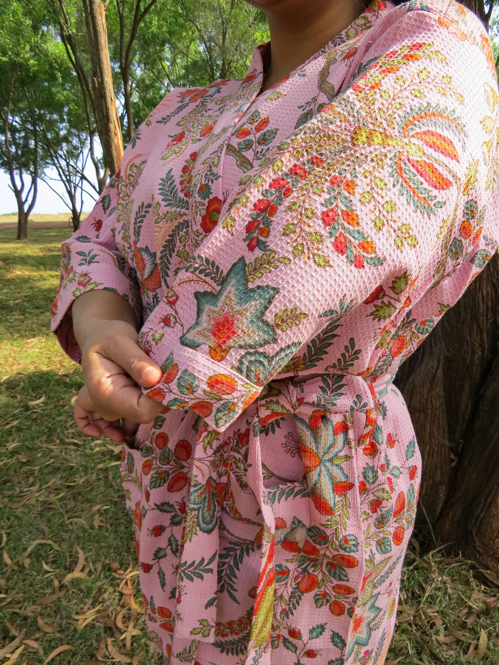 Pink Rose Garden Handblock Printed Waffle Cotton Bathrobe image 6