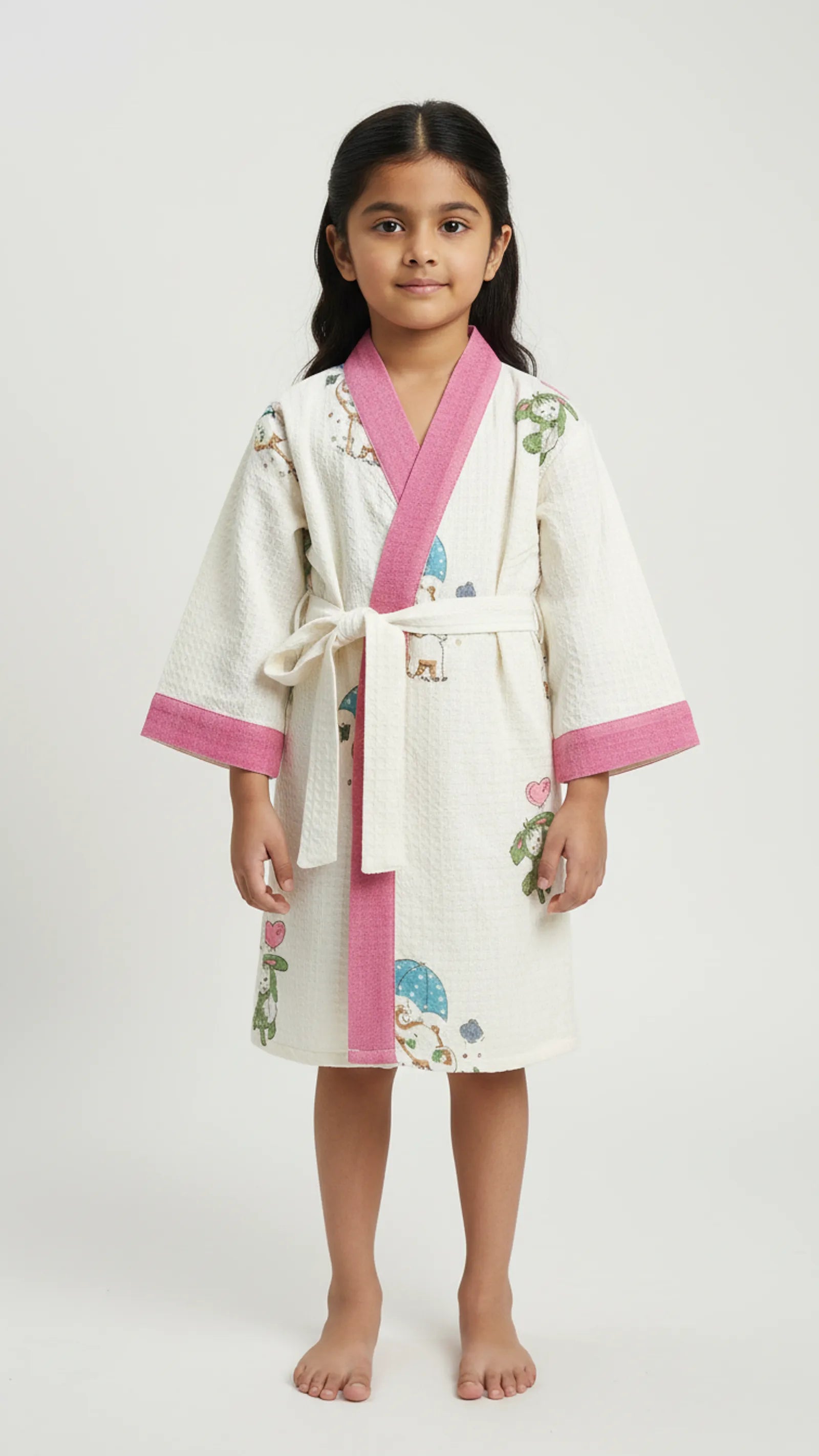 Pink Umbrella Elephant Waffle Cotton Kids Bathrobe image 1