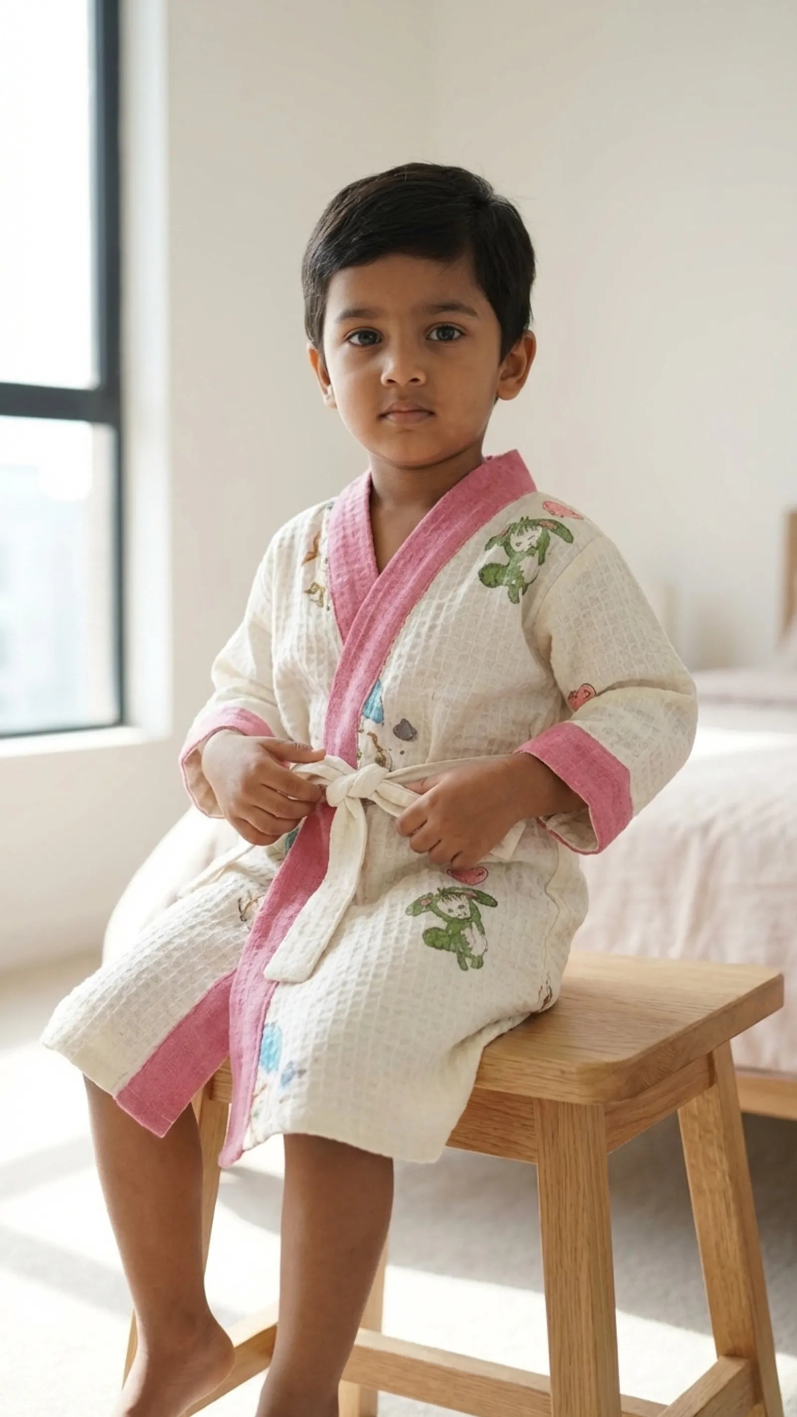 Pink Umbrella Elephant Waffle Cotton Kids Bathrobe image 2