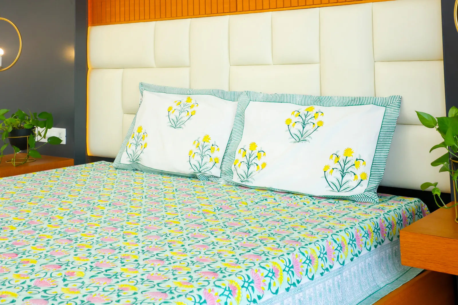 Pink & Yellow Parijat Handblock Premium Cotton Bedsheet Set image 2