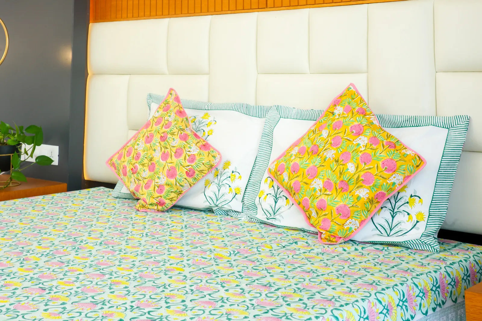 Pink & Yellow Parijat Handblock Premium Cotton Bedsheet Set image 3