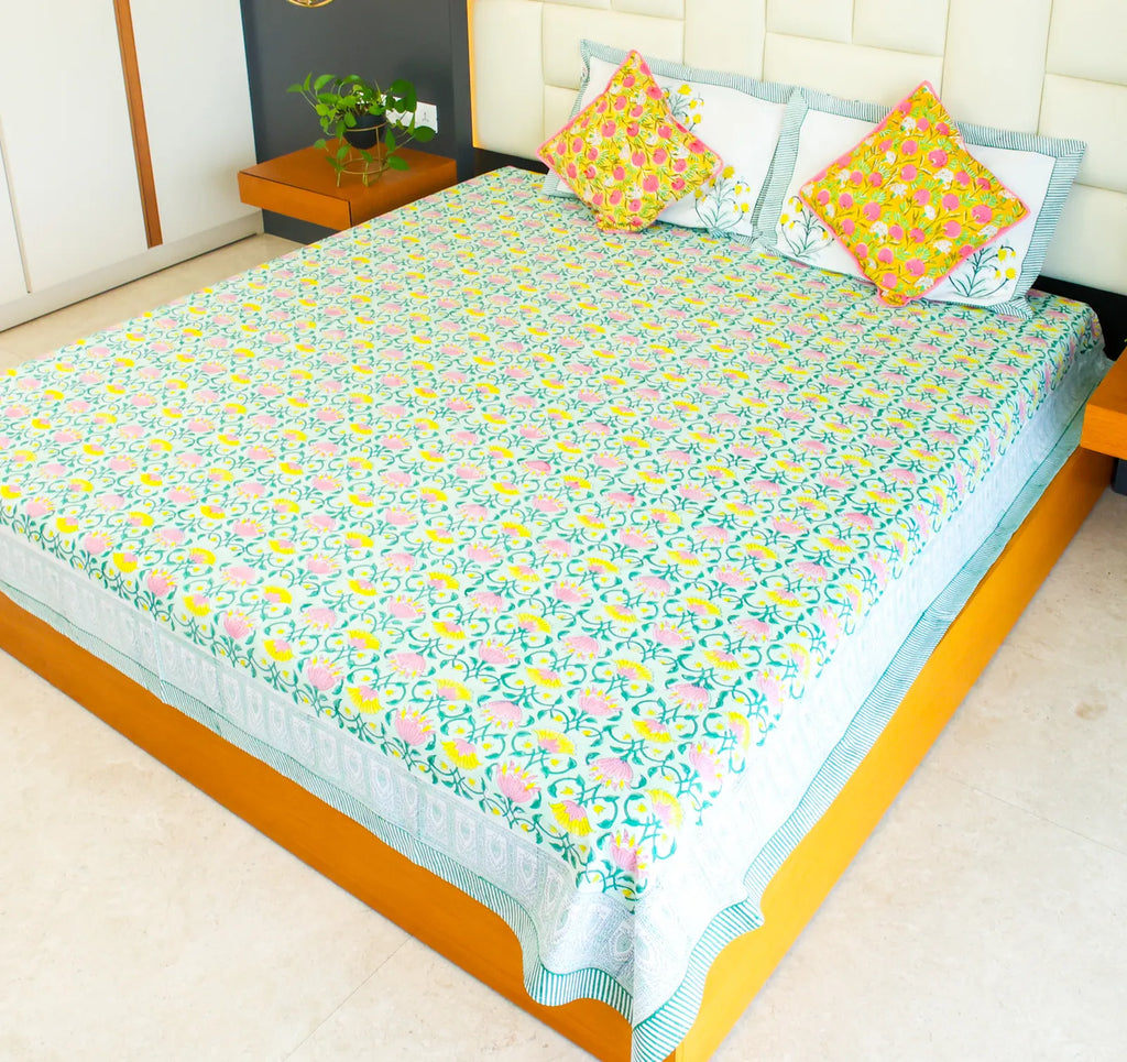 Pink & Yellow Parijat Handblock Premium Cotton Bedsheet Set image 4