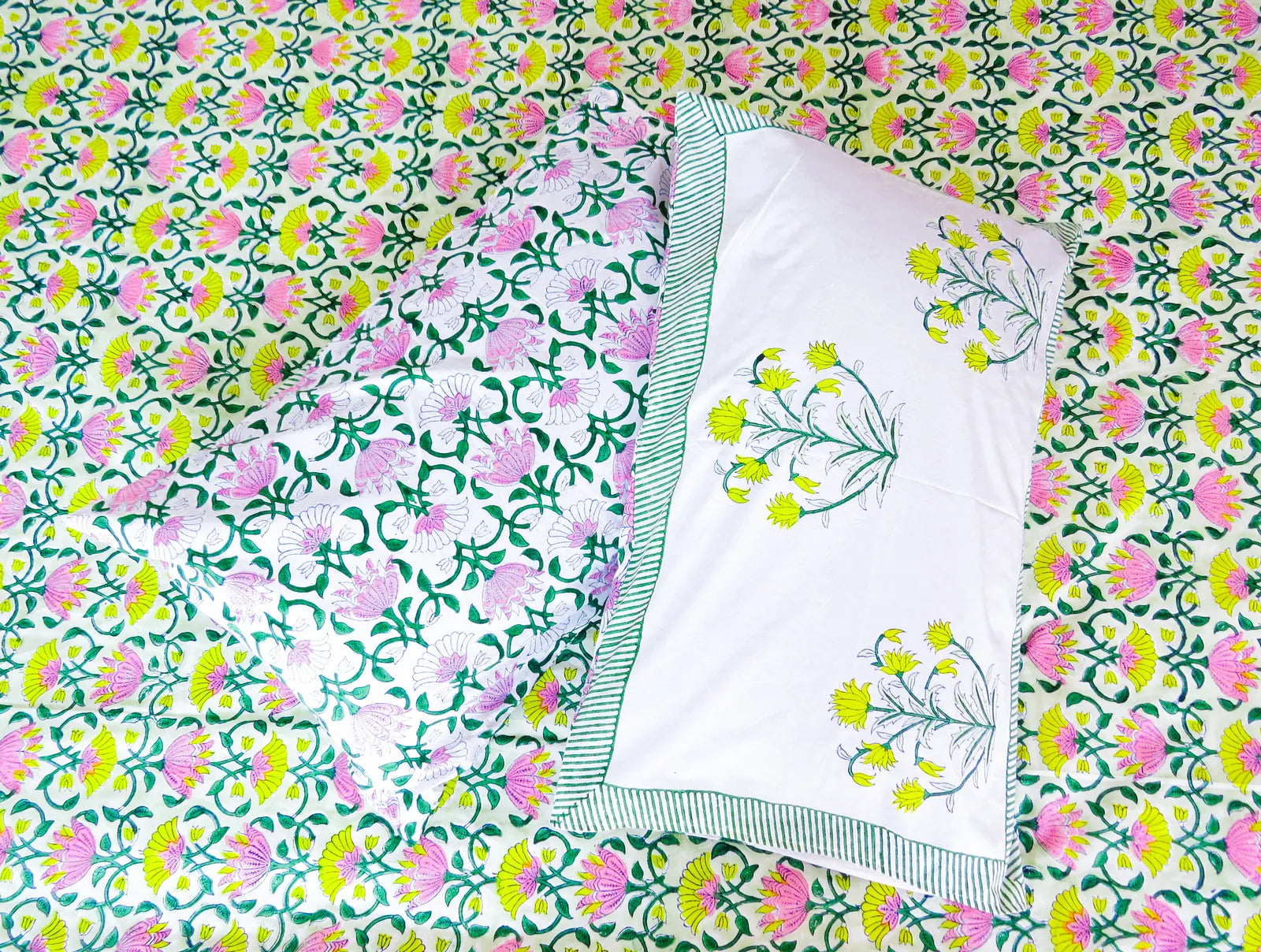 Pink & Yellow Parijat Handblock Premium Cotton Bedsheet Set image 5