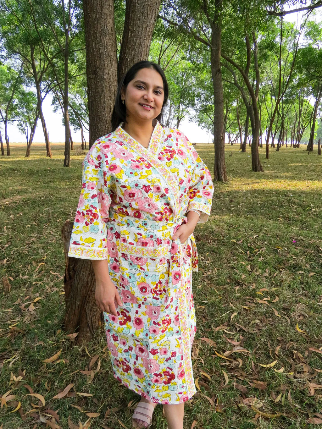 Pink Yellow Spring Garden Handblock Printed Waffle Cotton Bathrobe image 1