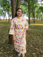 Pink Yellow Spring Garden Handblock Printed Waffle Cotton Bathrobe image 1
