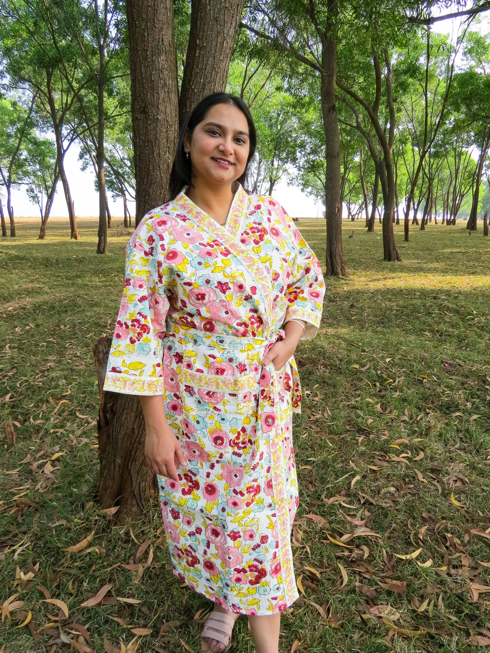Pink Yellow Spring Garden Handblock Printed Waffle Cotton Bathrobe image 1