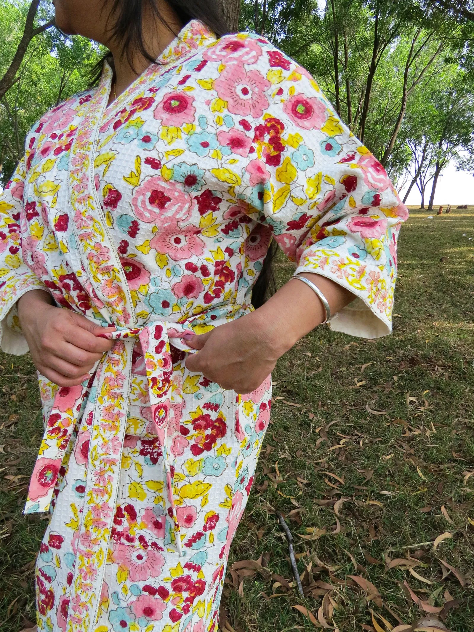 Pink Yellow Spring Garden Handblock Printed Waffle Cotton Bathrobe image 2