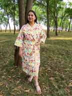 Pink Yellow Spring Garden Handblock Printed Waffle Cotton Bathrobe image 3