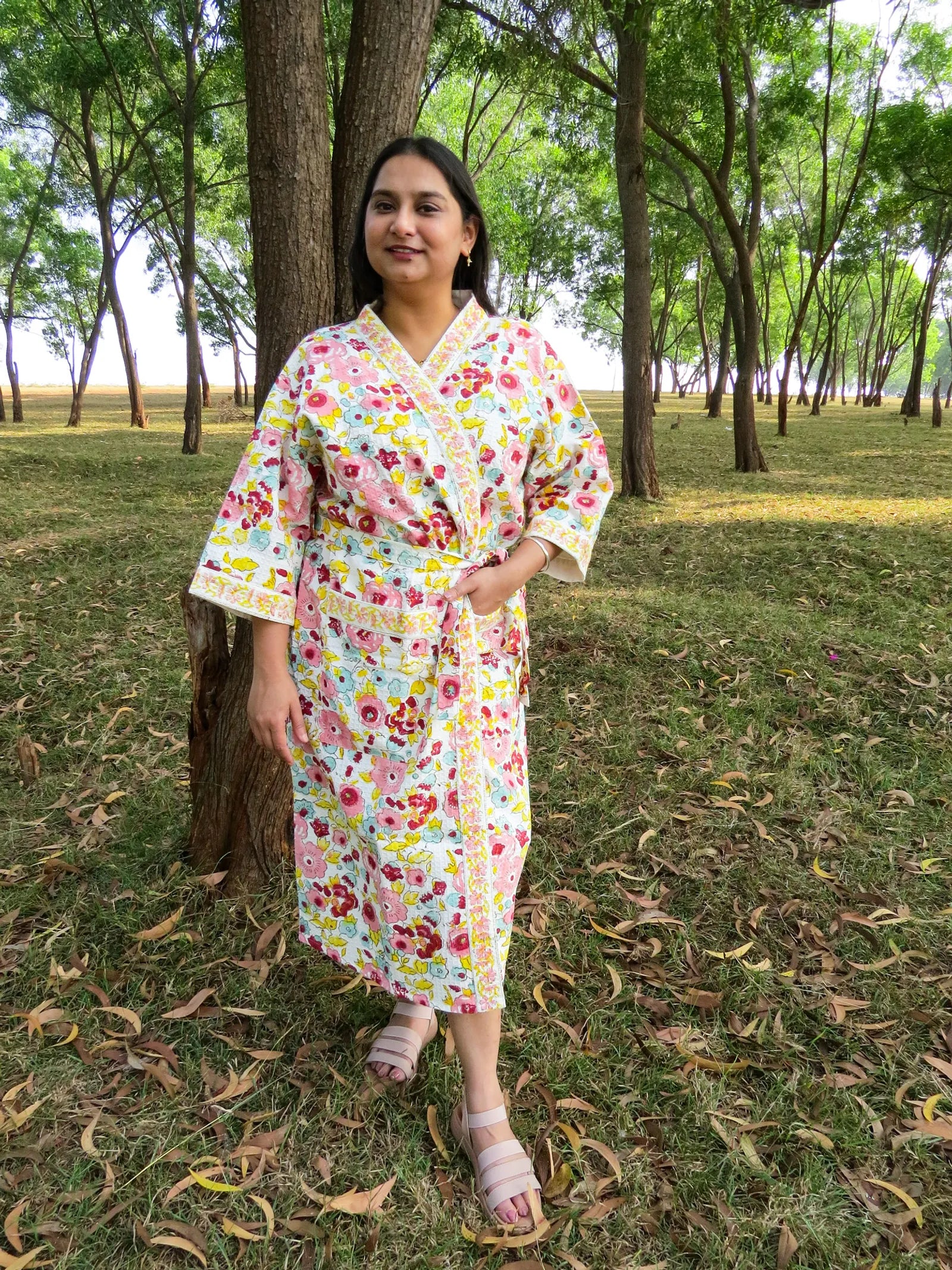 Pink Yellow Spring Garden Handblock Printed Waffle Cotton Bathrobe image 3
