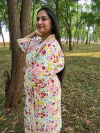Pink Yellow Spring Garden Handblock Printed Waffle Cotton Bathrobe image 4