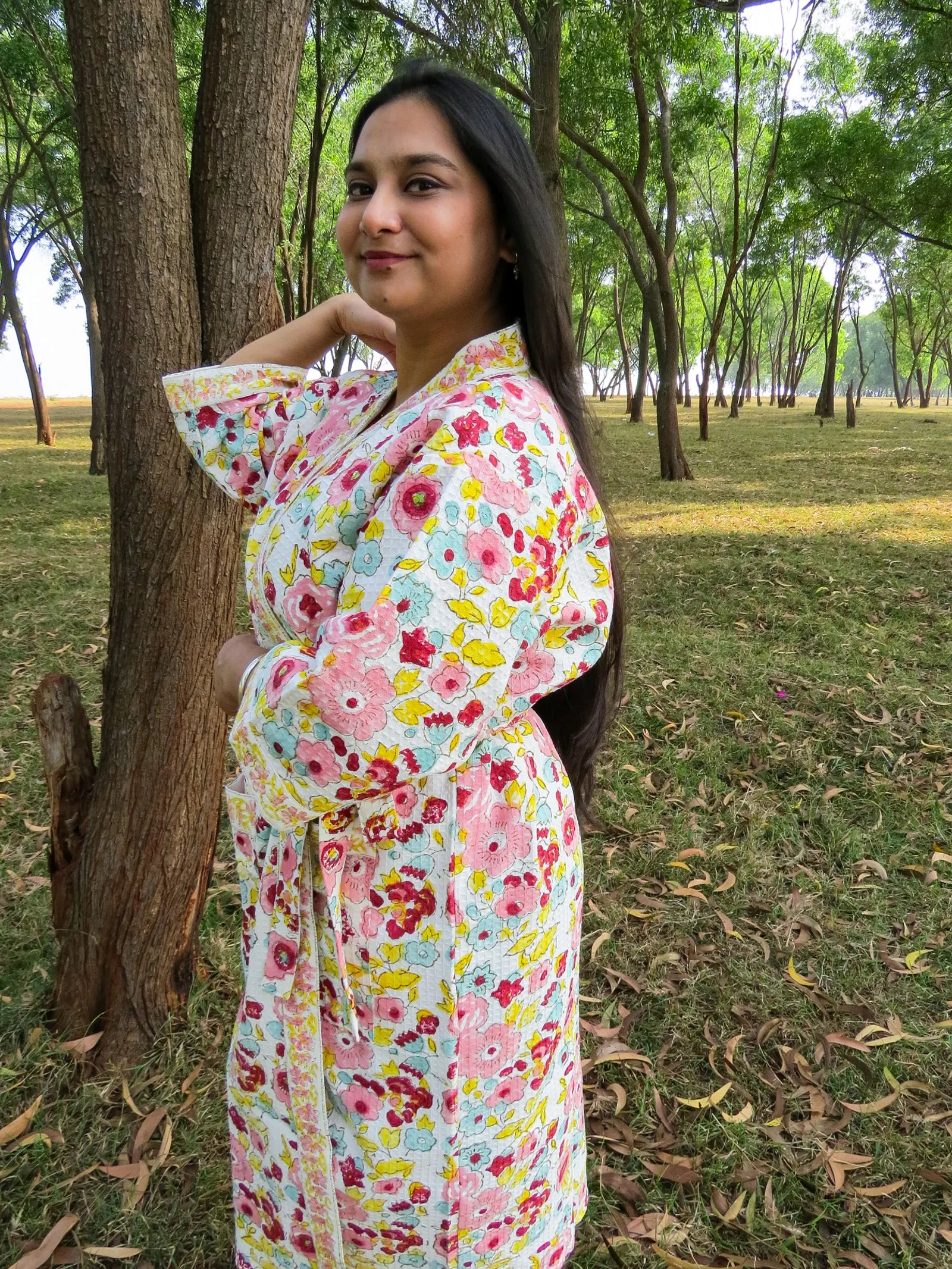 Pink Yellow Spring Garden Handblock Printed Waffle Cotton Bathrobe image 4