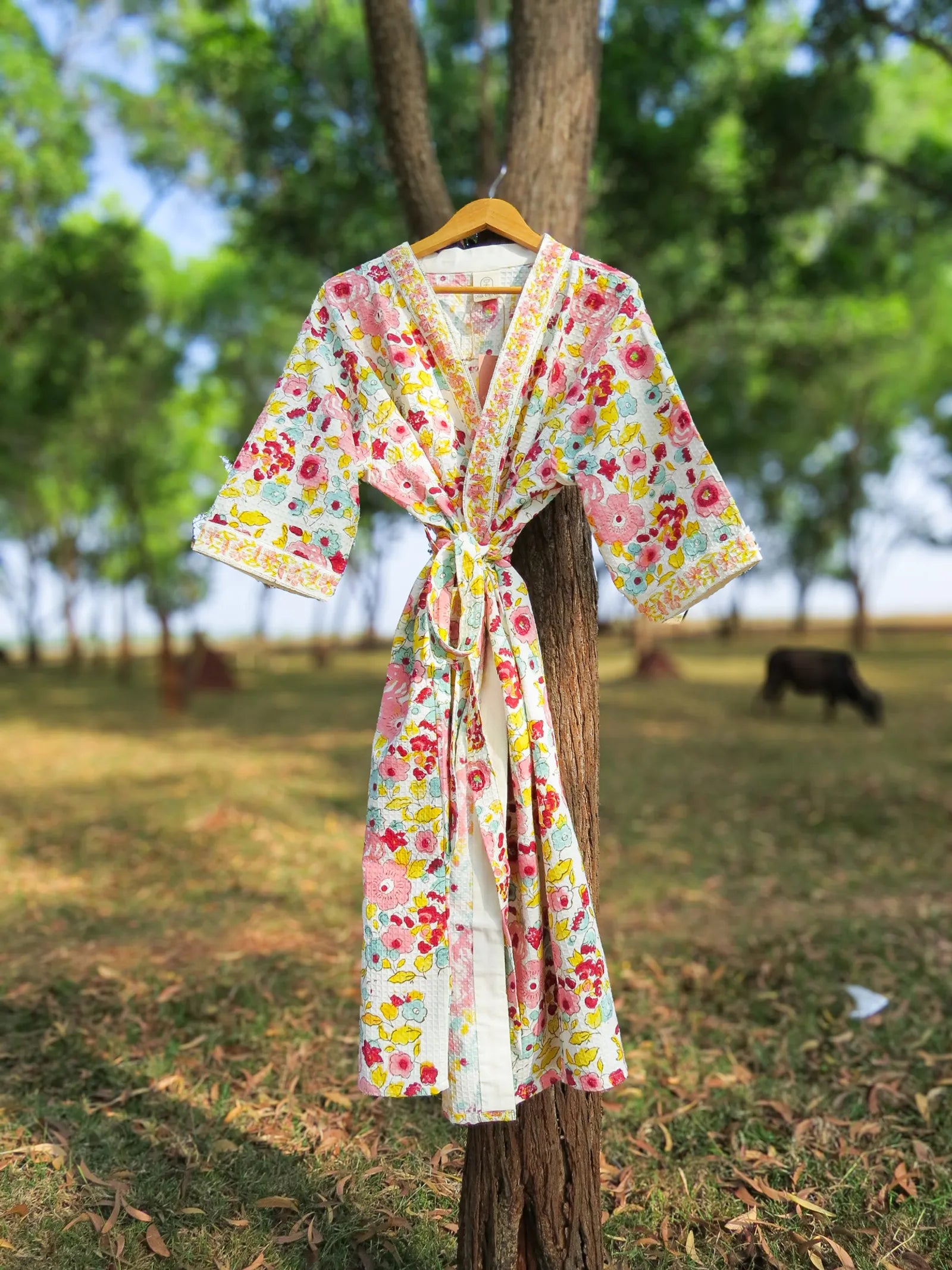 Pink Yellow Spring Garden Handblock Printed Waffle Cotton Bathrobe image 5