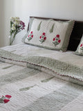 Sage Green Red Poppy Pure Mulmul Quilted Bedcover image 1