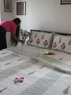 Sage Green Red Poppy Pure Mulmul Quilted Bedcover image 2
