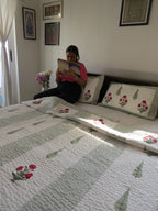 Sage Green Red Poppy Pure Mulmul Quilted Bedcover image 3