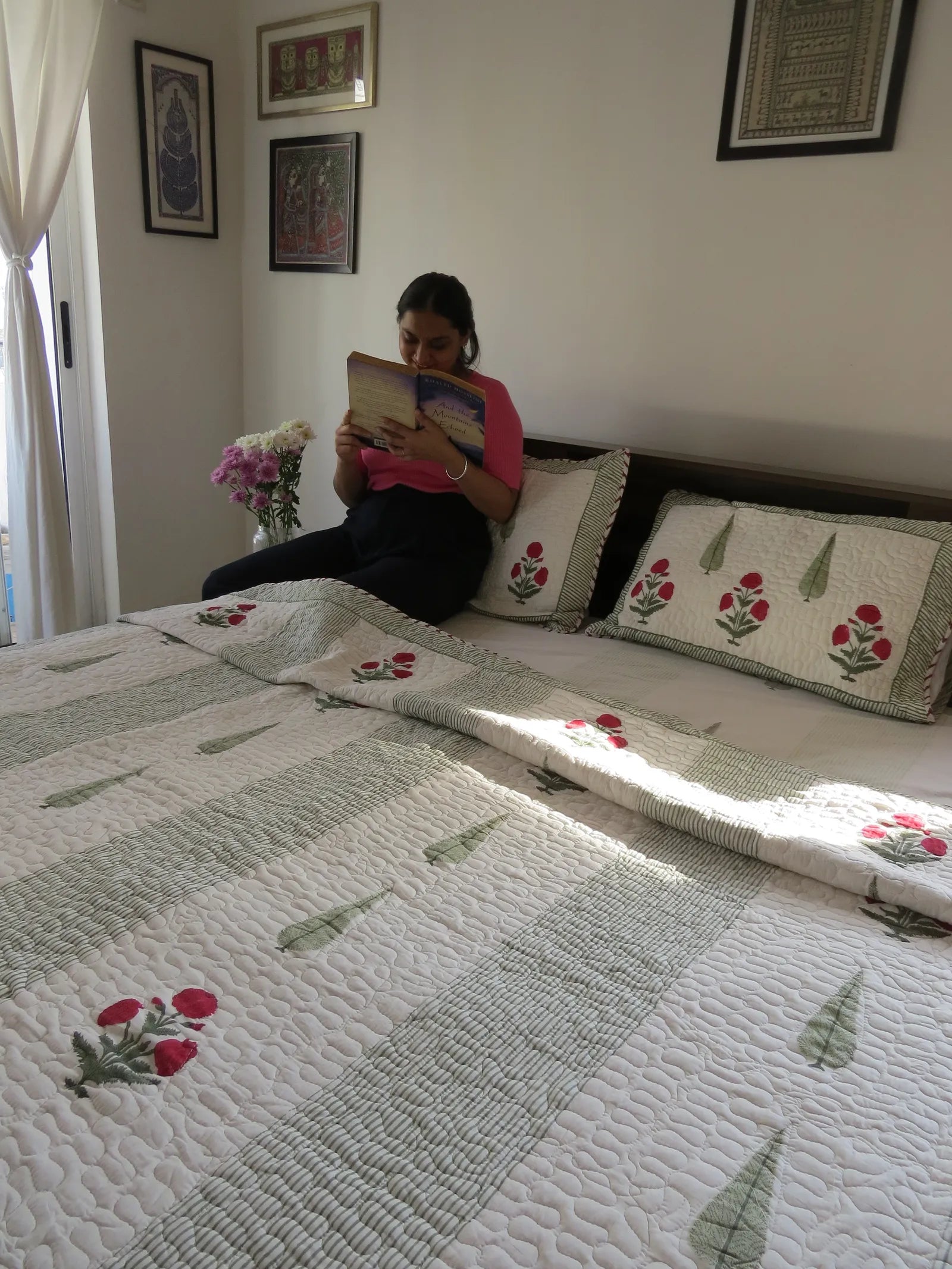 Sage Green Red Poppy Pure Mulmul Quilted Bedcover image 3