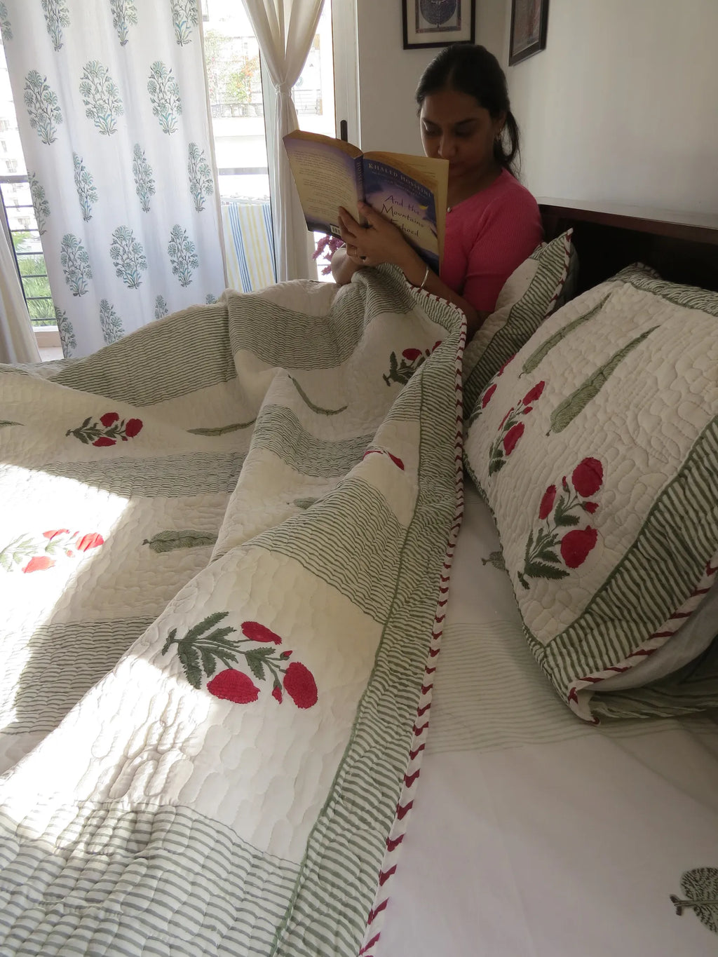 Sage Green Red Poppy Pure Mulmul Quilted Bedcover image 4