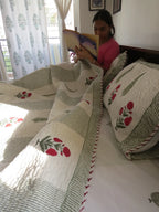 Sage Green Red Poppy Pure Mulmul Quilted Bedcover image 4