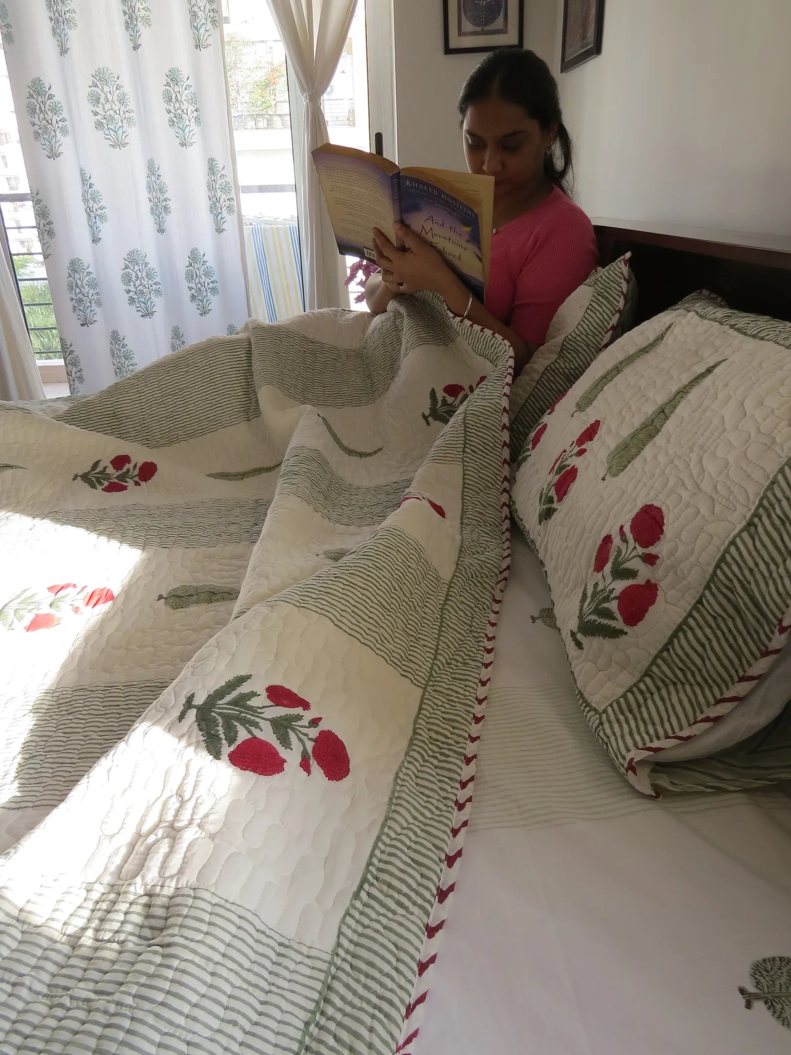 Sage Green Red Poppy Pure Mulmul Quilted Bedcover image 4
