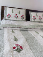 Sage Green Red Poppy Pure Mulmul Quilted Bedcover image 5