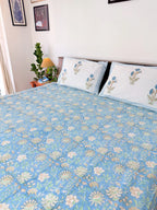 Sky Blue Floral Handblock Printed Premium Cotton Bedsheet Set image 1