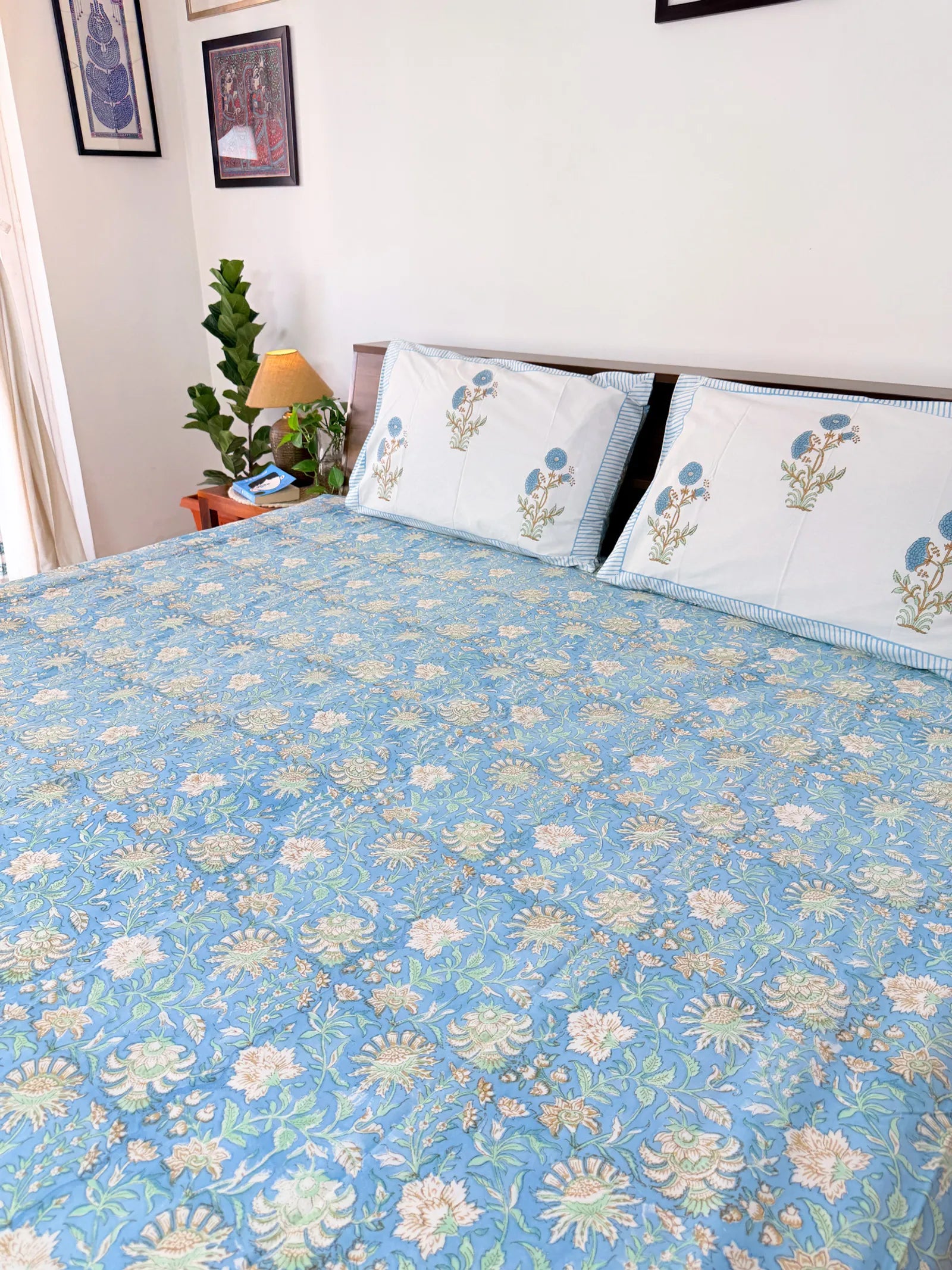 Sky Blue Floral Handblock Printed Premium Cotton Bedsheet Set image 1