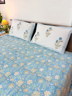 Sky Blue Floral Handblock Printed Premium Cotton Bedsheet Set image 2