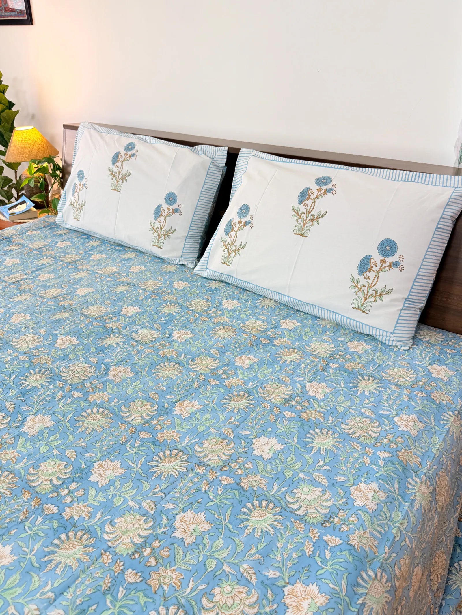 Sky Blue Floral Handblock Printed Premium Cotton Bedsheet Set image 2