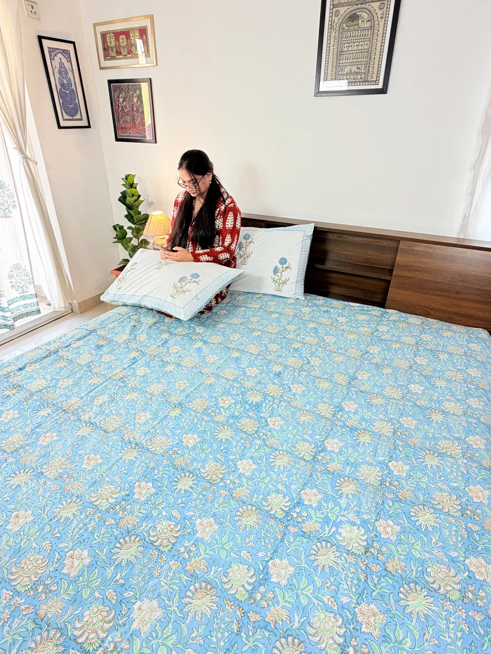 Sky Blue Floral Handblock Printed Premium Cotton Bedsheet Set image 3