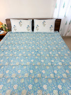 Sky Blue Floral Handblock Printed Premium Cotton Bedsheet Set image 4