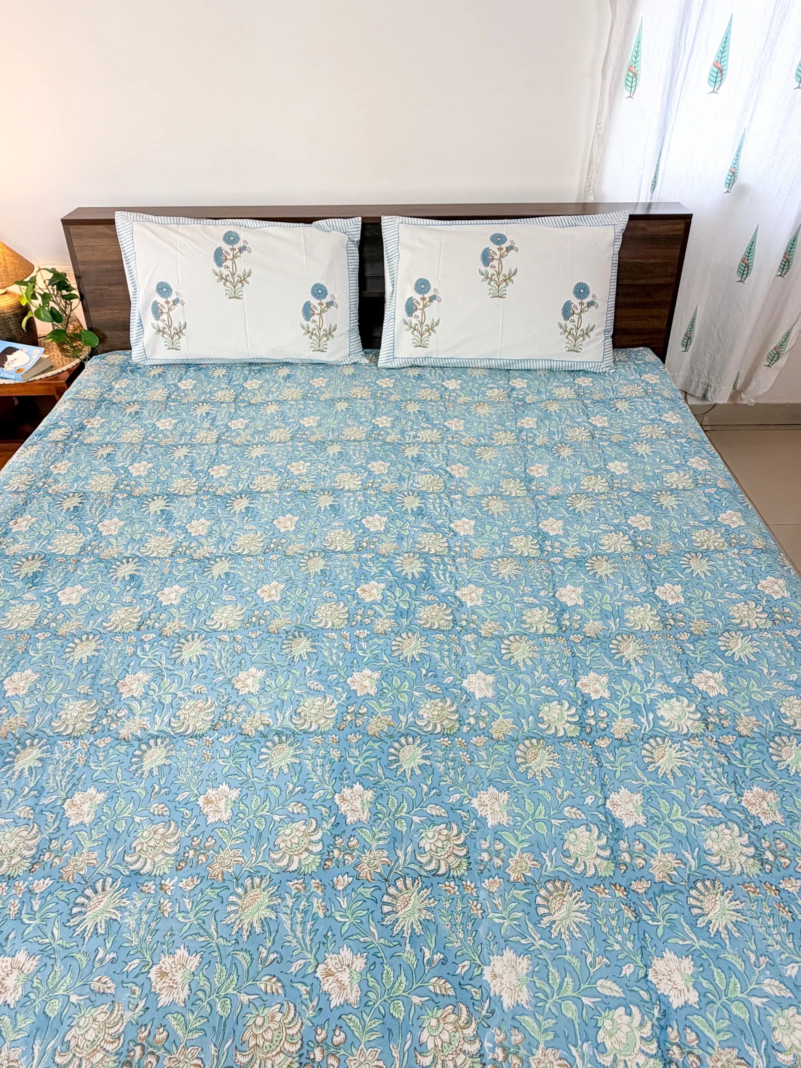 Sky Blue Floral Handblock Printed Premium Cotton Bedsheet Set image 4
