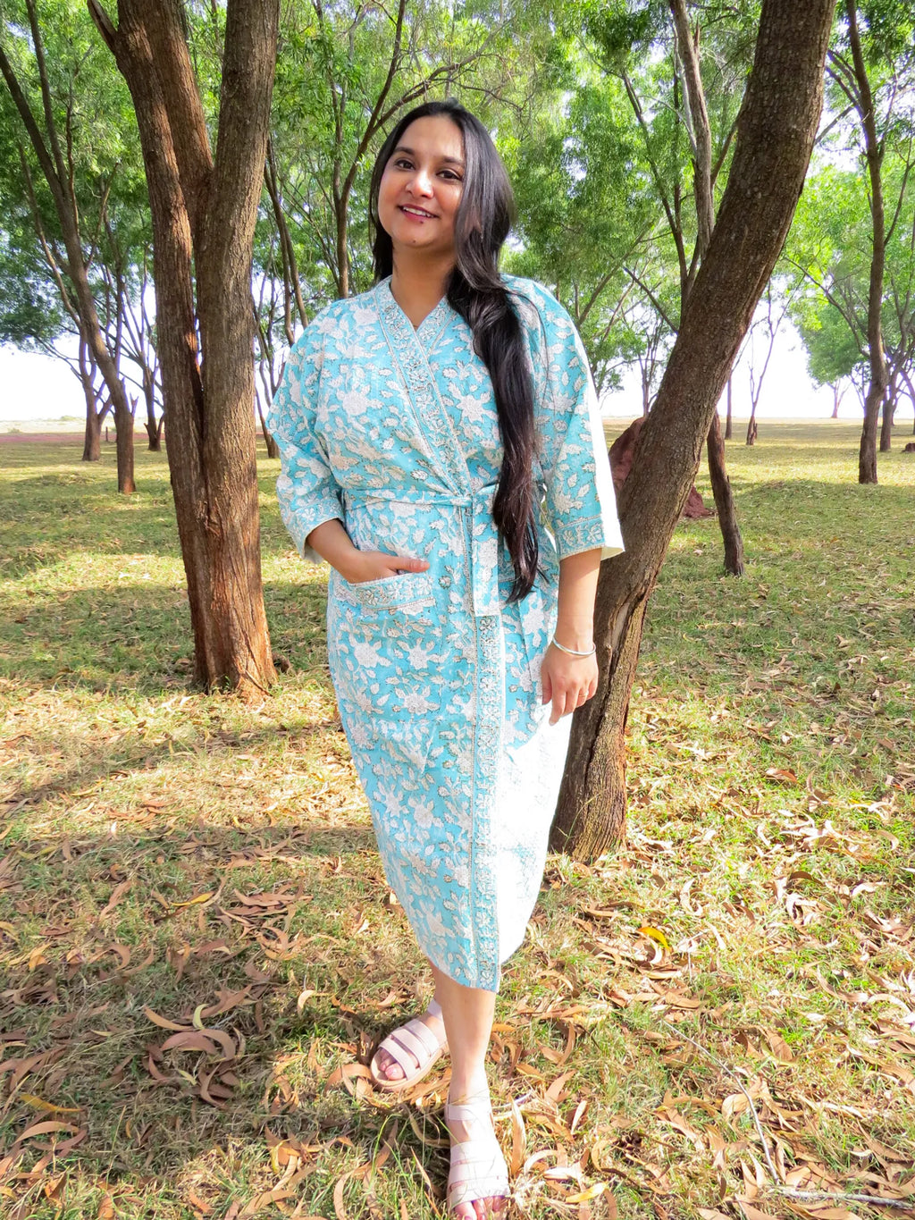Turquoise Blue Floral Handblock Printed Waffle Cotton Bathrobe image 1
