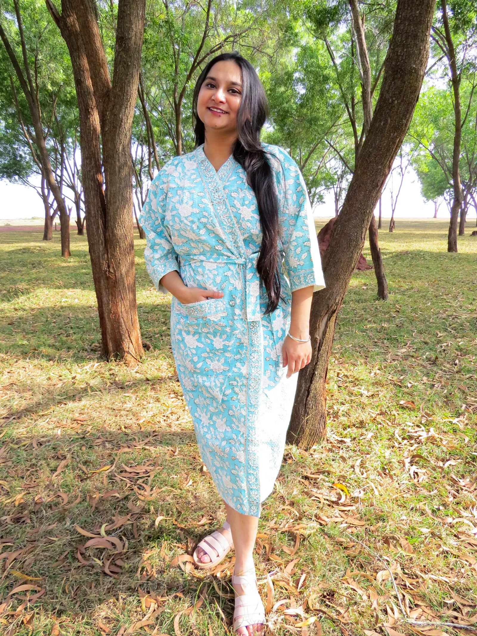 Turquoise Blue Floral Handblock Printed Waffle Cotton Bathrobe image 1