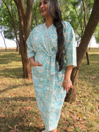 Turquoise Blue Floral Handblock Printed Waffle Cotton Bathrobe image 2