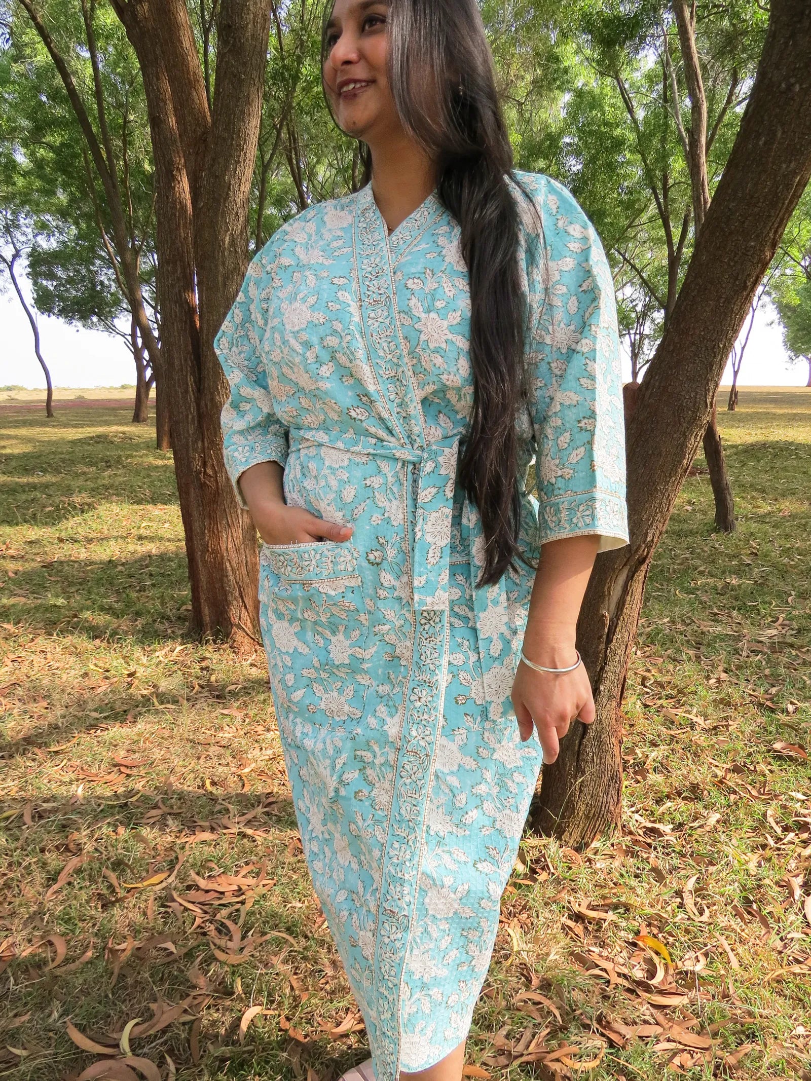 Turquoise Blue Floral Handblock Printed Waffle Cotton Bathrobe image 2