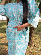 Turquoise Blue Floral Handblock Printed Waffle Cotton Bathrobe image 3
