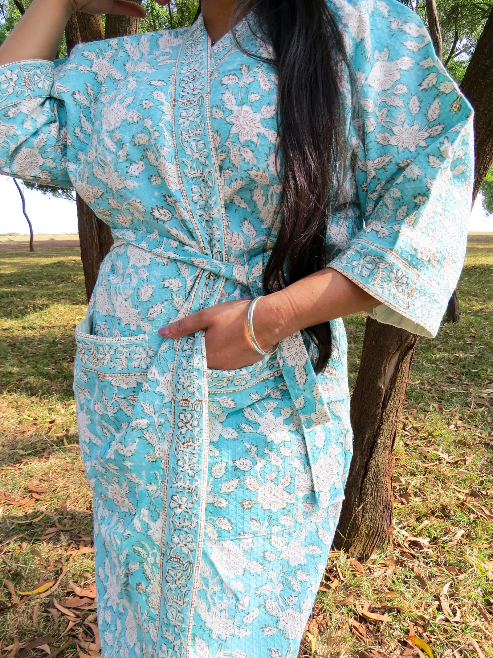 Turquoise Blue Floral Handblock Printed Waffle Cotton Bathrobe image 3