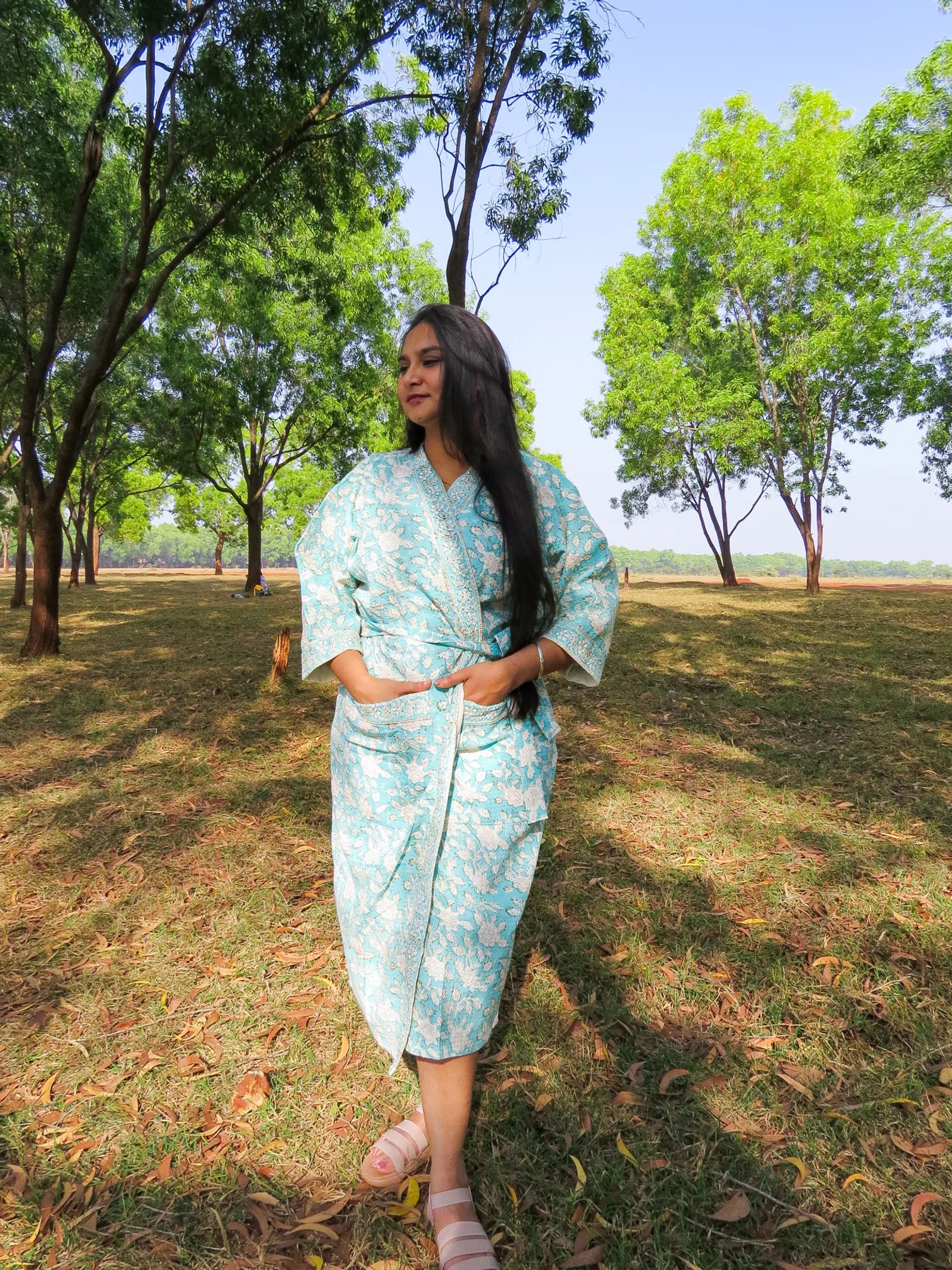 Turquoise Blue Floral Handblock Printed Waffle Cotton Bathrobe image 4
