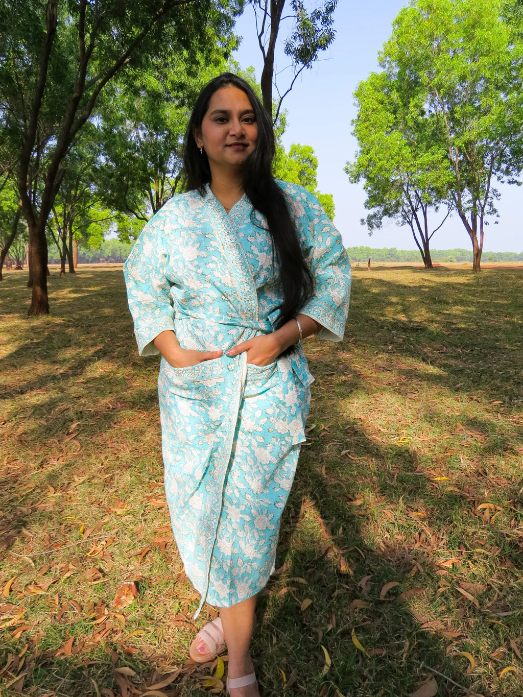 Turquoise Blue Floral Handblock Printed Waffle Cotton Bathrobe image 5