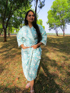 Turquoise Blue Floral Handblock Printed Waffle Cotton Bathrobe image 5