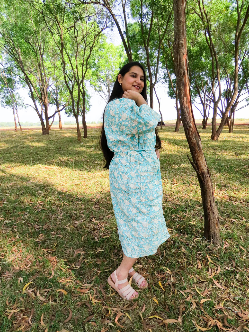 Turquoise Blue Floral Handblock Printed Waffle Cotton Bathrobe image 6