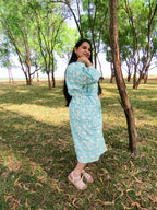 Turquoise Blue Floral Handblock Printed Waffle Cotton Bathrobe image 6
