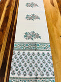 White Blue Floral Handblock Canvas Cotton Table Runner image 1