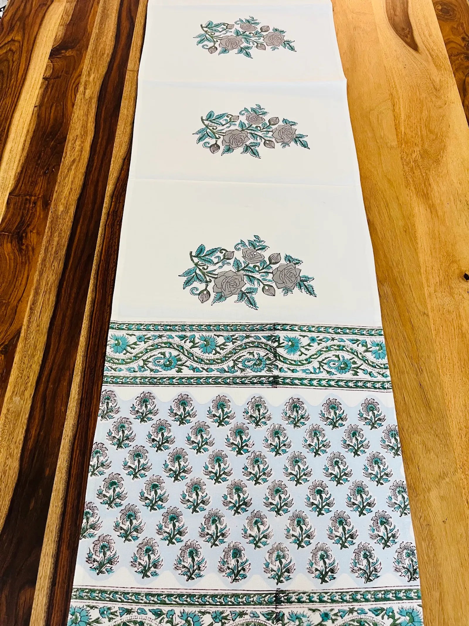 White Blue Floral Handblock Canvas Cotton Table Runner image 1