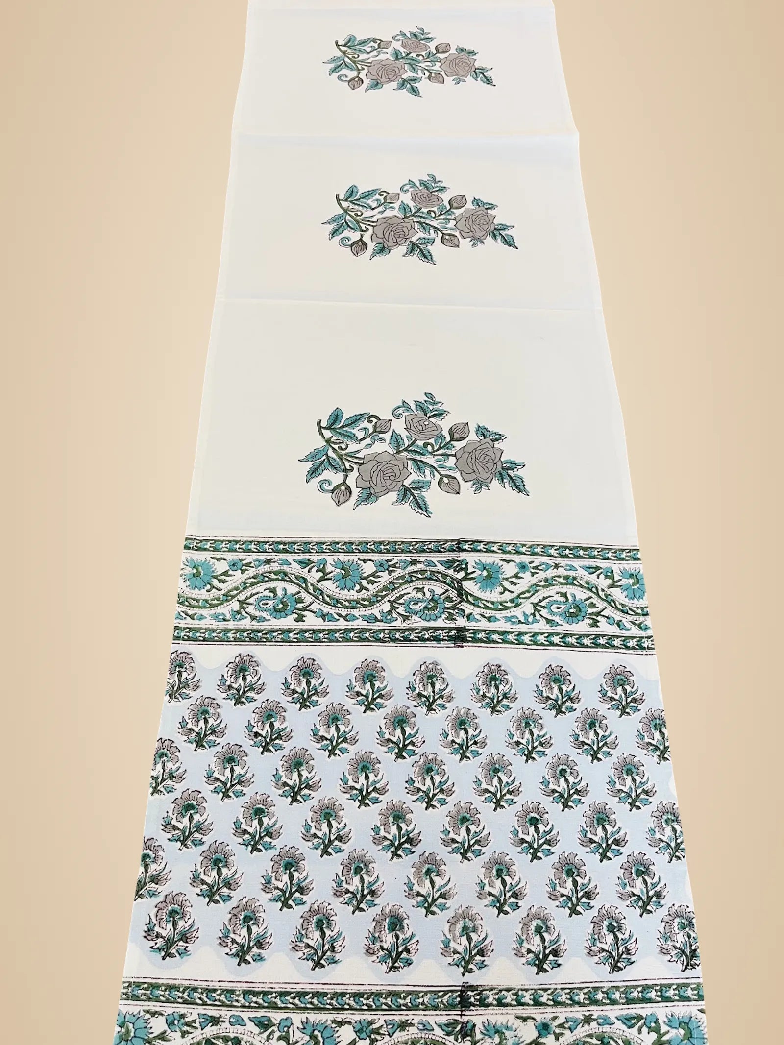 White Blue Floral Handblock Canvas Cotton Table Runner image 2
