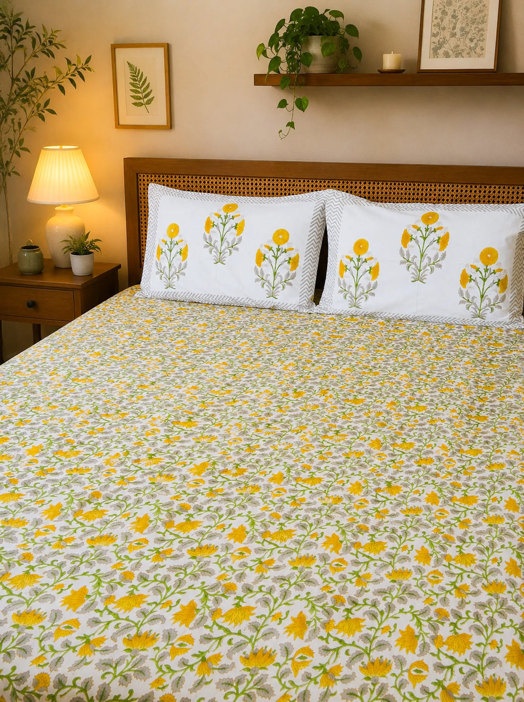 Yellow & Green Floral Jal Handblock Premium Cotton Bedsheet Set image 1