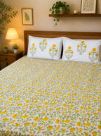 Yellow & Green Floral Jal Handblock Premium Cotton Bedsheet Set image 1